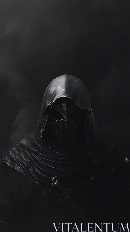 Hooded dark knight rises from shadowy smoke and silence.