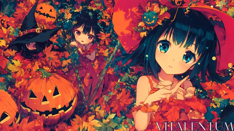 Halloween witch girl framed by pumpkins and scarlet leaves.