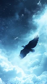 Soaring eagle under starry clouds and luminous sky.
