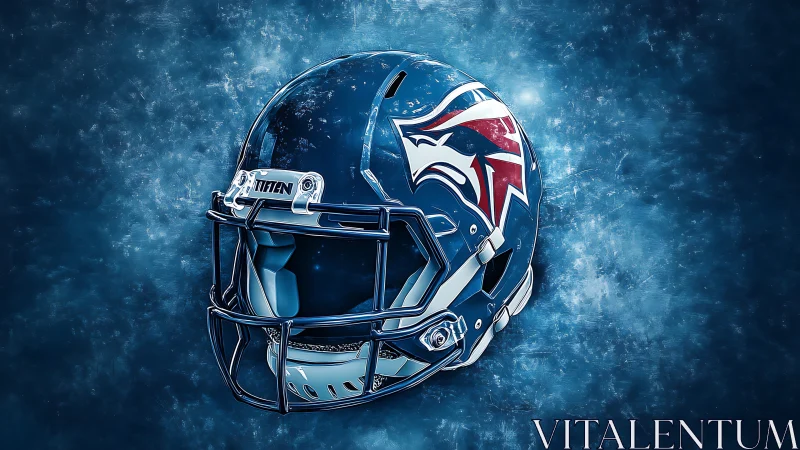 Blue gridiron helmet with stylized red white hawk emblem.