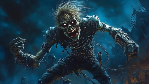 Undead warrior lunges forward under stormy blue sky