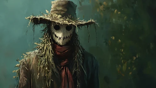 Scarecrow figure stands in dark foliage with skull mask