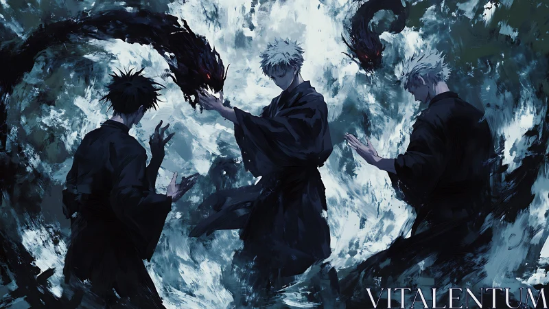 Sorcerers channel shadow serpents amid turbulent energy field.