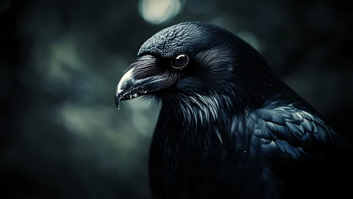 Close-up portrait of a raven in moody, dramatic lighting.