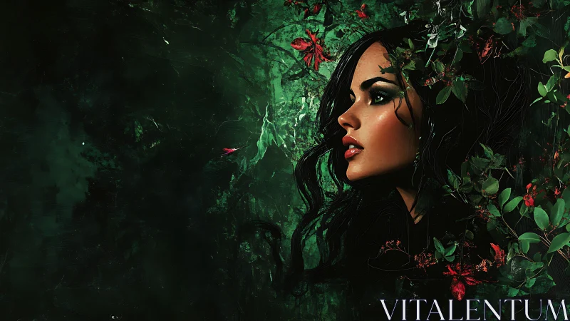 Forest muse leans from shadow, stitched with crimson leaves