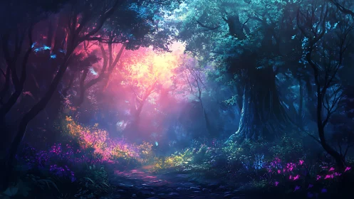 Bioluminescent Forest Environment with Chromatic Light Diffusion and Layered Atmospheric Rendering