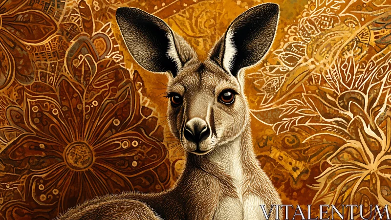 Kangaroo portrait framed by intricate golden florals.