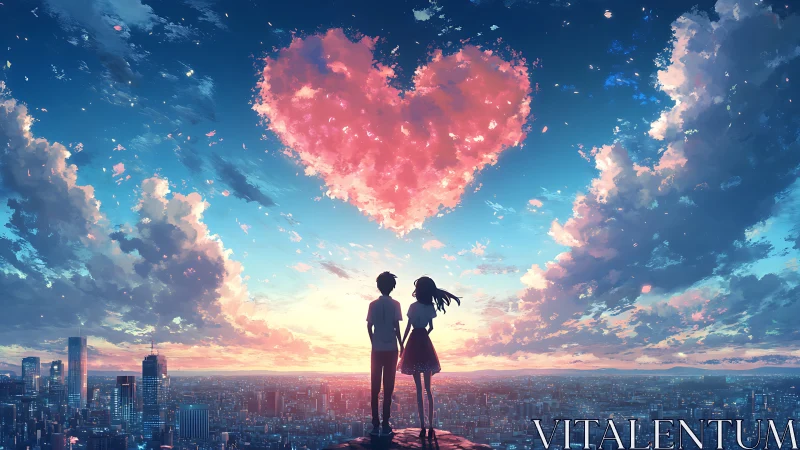 Silhouetted figures observe stylized heart-shaped cloudscape