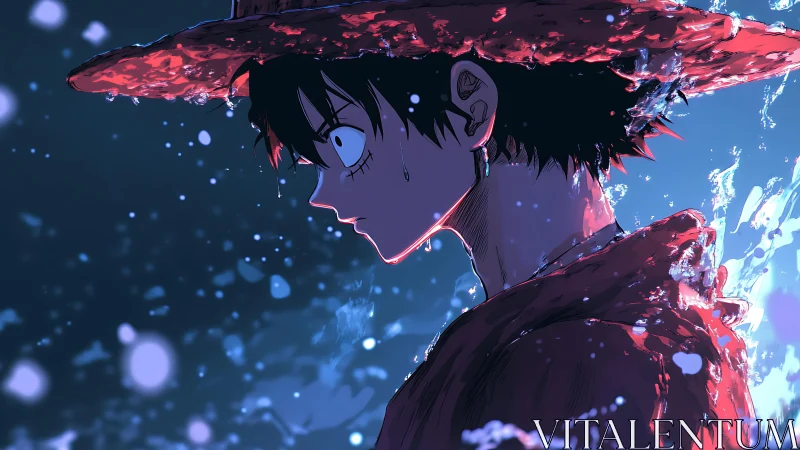 Straw hat boy stands in side profile under falling water