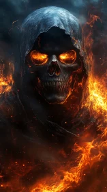 Flaming skull in hooded cloak emerges from surrounding fire