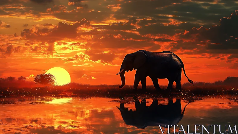 Elephant silhouette walks by reflective water at sunset.