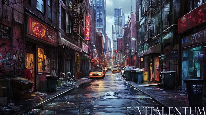 Rain soaked city alley glows with neon lights and taxis