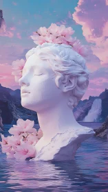 Neoclassical marble bust emerges from reflective water under pastel sky