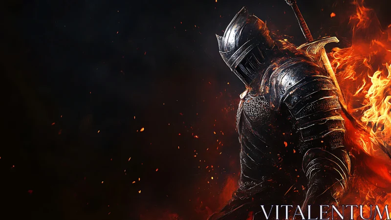 Armored knight engulfed in flames against dark void.