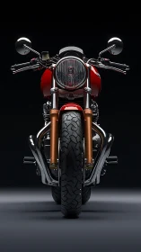 Front view shows a red modern motorcycle against black
