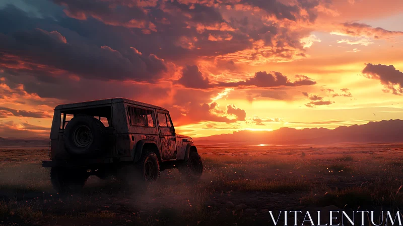 Off-road SUV silhouettes against expansive desert sunset sky.