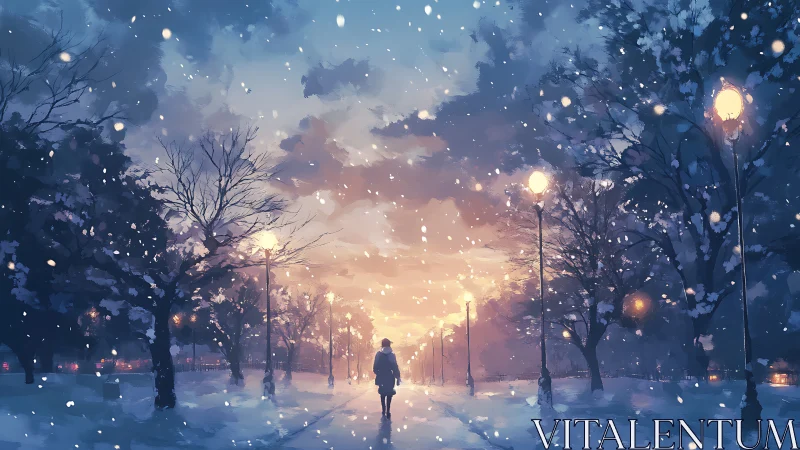 Snowy park avenue glows softly under a pastel winter sunset