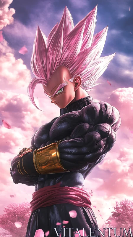 Pink haired warrior stands under blooming sakura sky