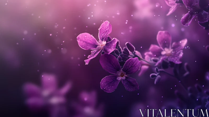 Purple Flowers Suspended in Magical Light and Mist