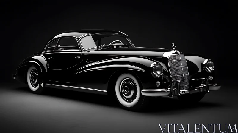 Vintage black Mercedes coupe gleams under dramatic studio light.