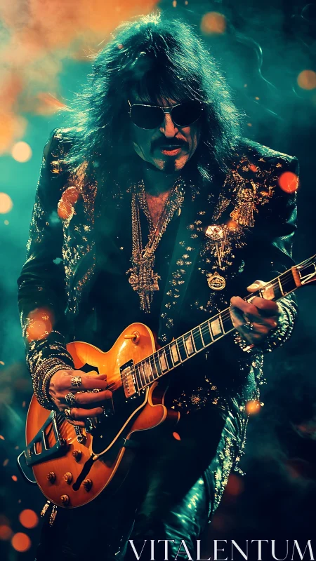 Glam rock guitarist under cinematic stage lighting performs