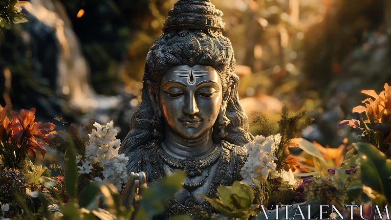 Serene stone deity statue rests in lush sunlit garden