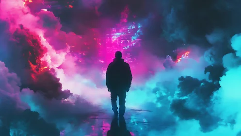 Silhouette enters neon portal through electric vapor corridors.