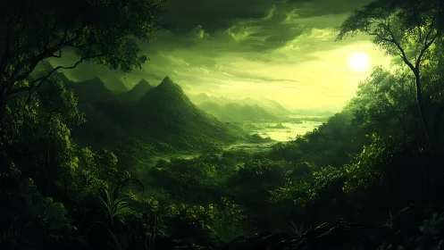 Illuminated valley landscape with forested slopes and distant mountains.