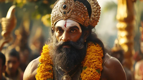 Regal bearded devotee crowned in marigold thunderstorm.