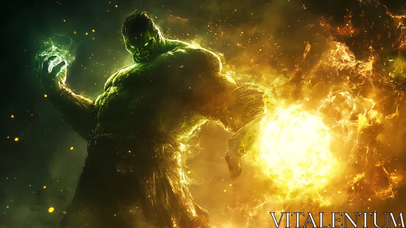 Gamma titan channeling blazing cosmic energy sphere.