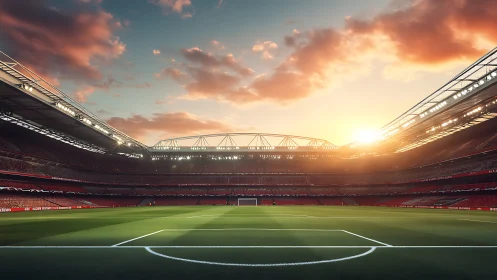 Golden evening calm over a sunlit football stadium field.