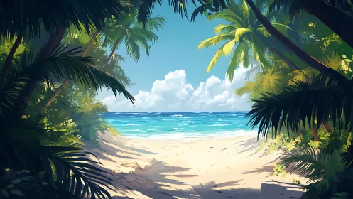 Tropical Paradise Gateway: Palms Frame Beach Dream.