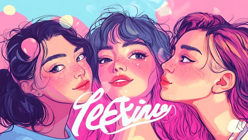 Stylized portrait of three women on pink blue background.