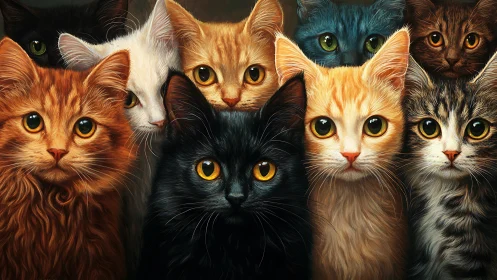 Arrangement of seven cats depicting varied coat patterns and eye coloration.