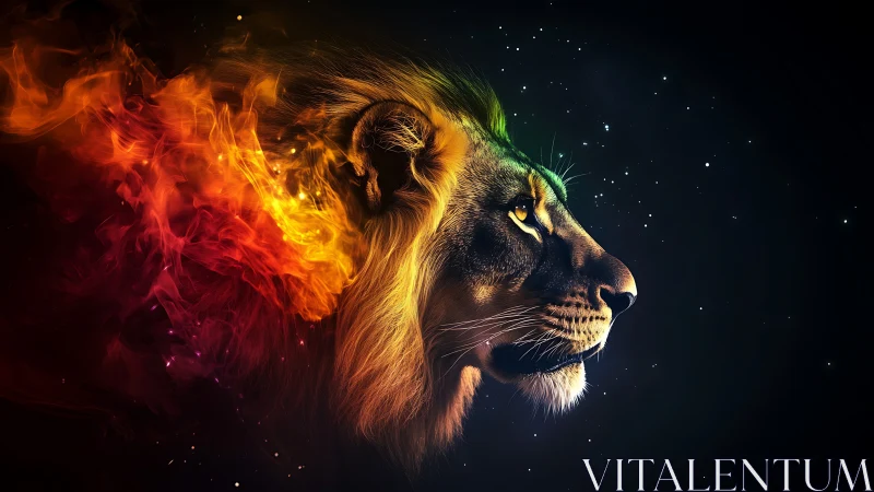 Profile illustration of lion head with fiery mane effect.