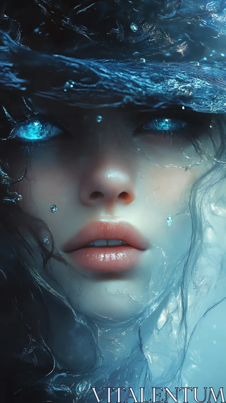 Enchanted water spirit gazes out with luminous blue eyes