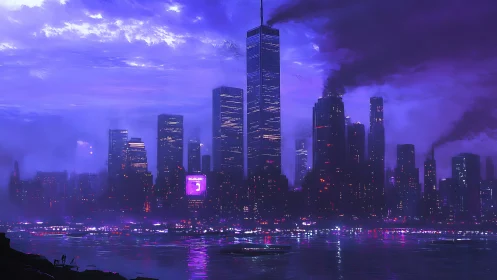 Neon-lit megacity skyline glows through violet industrial haze