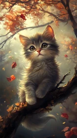 Feline Subject Among Autumn Foliage and Branch.