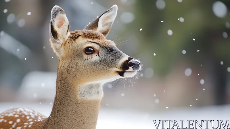 Photorealistic portrait of alert deer in softly blurred snowfall.