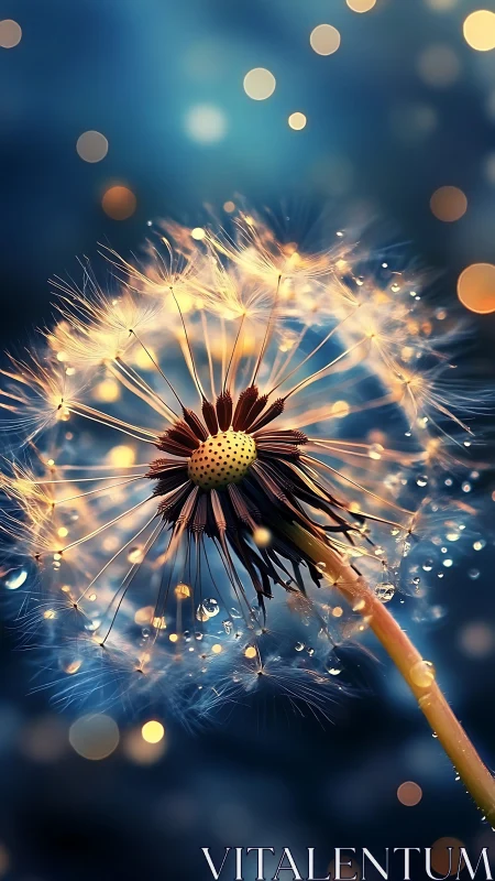 Macro analysis of illuminated dandelion seed head with bokeh field.
