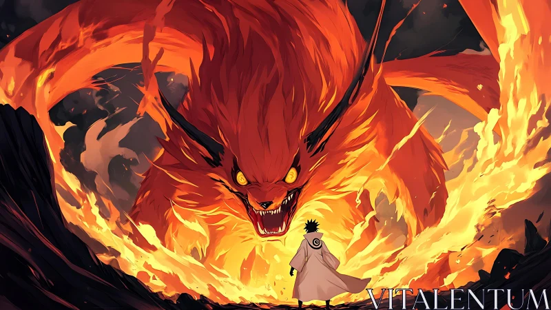 Fiery anime fox beast confronting lone robed warrior.