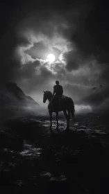 Lone rider on horse under ghostly full moon sky.