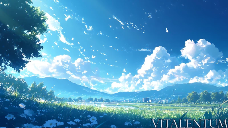 Endless summer sky stretches over tranquil riverside plain.