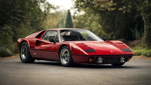 Classic red sports car rests on quiet tree lined road