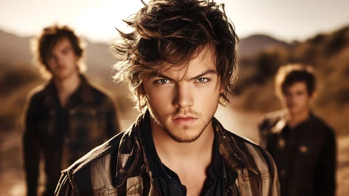 Cinematic shallow depth trio portrait in desert backlight