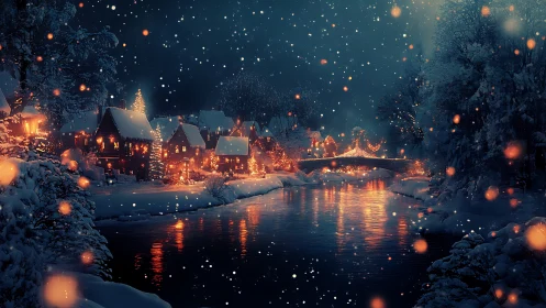 Snowy riverside village with festive warm bokeh lighting at night