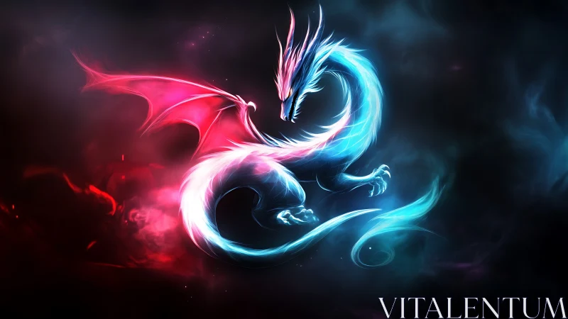 Bifurcated neon dragon in dual red cyan volumetric energy field