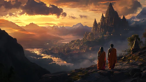 Sunlit pilgrims gaze toward a misty mountain temple city