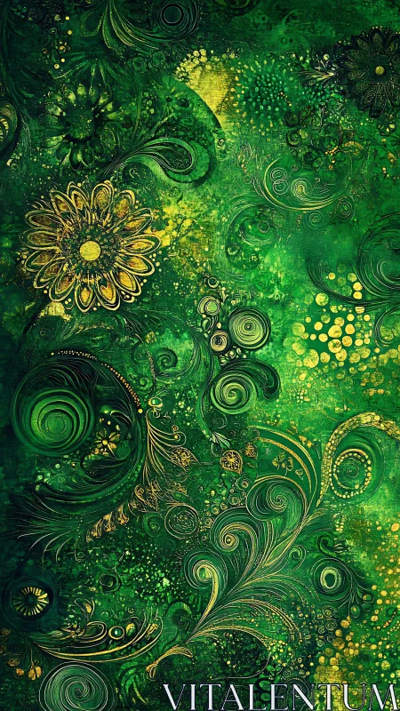 Green fractal floral pattern with swirling abstract forms.