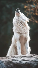 White wolf on rock with head raised in soft forest light.